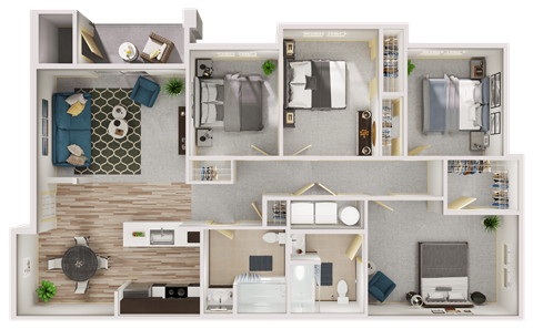 Floor plan for 4 beds, 2 baths, 1445 sqft